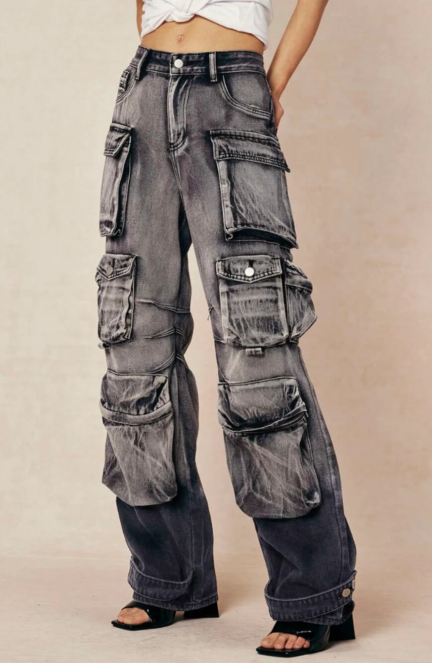 Micas Ombre Multi Pocket Wide Leg Cargo Jeans Gray L - Utility Luxe